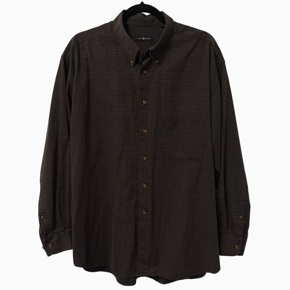 COTTON TRADERS BUTTON UP SHIRT BROWN BLACK CHECK LONG SLEEVE MENS XL FALL AUTUMN